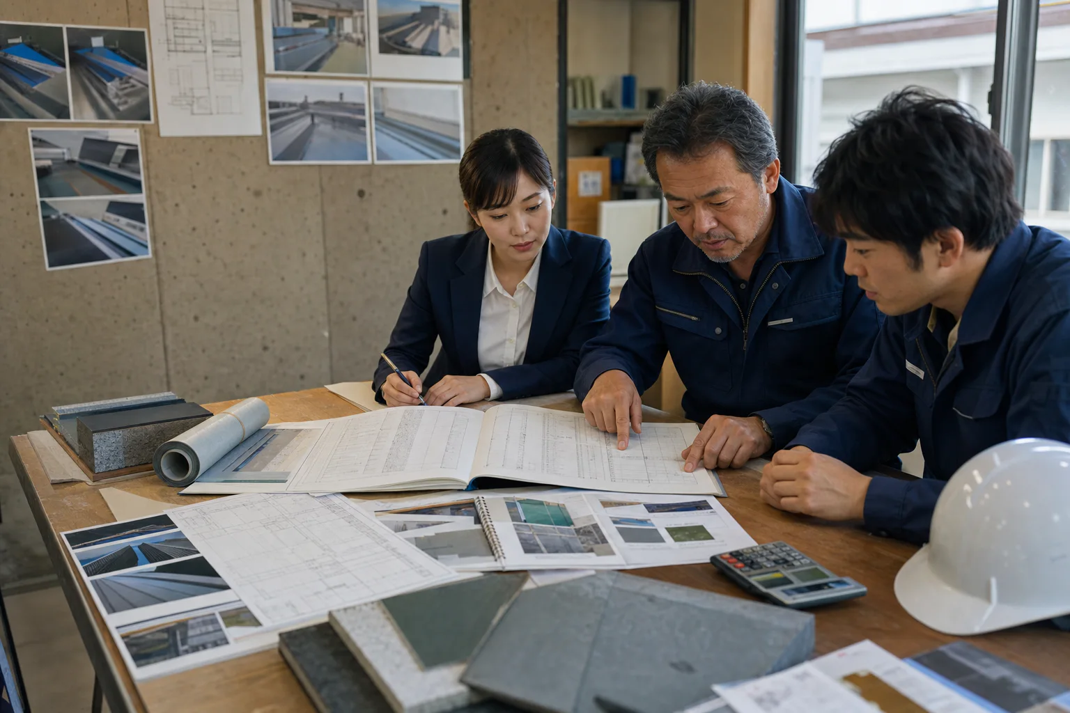 防水工事会社 企業価値｜経営者・財務担当者・職長が工事台帳と施工資料を確認する様子
