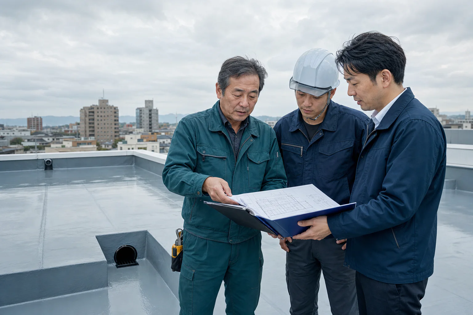 防水工事会社 M&A|経営者・職長・M&A担当者が屋上防水の現場で事業承継を検討する様子