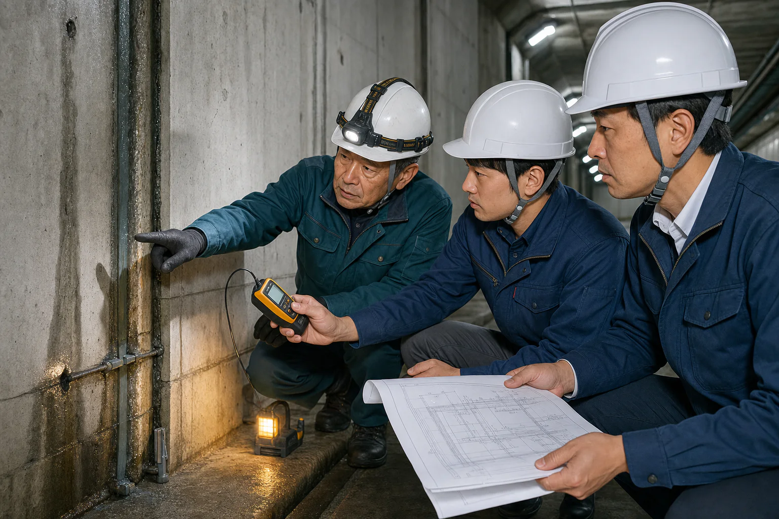 防水・止水工事会社 M&A｜技術者が地下構造物の防水・止水箇所を点検する様子
