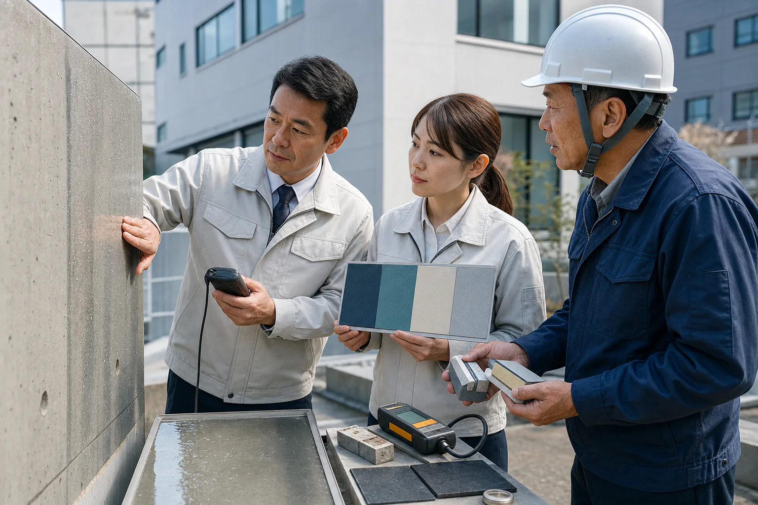 防水材メーカー M&A｜材料技術者と防水工事会社の経営者が外壁用防水材を評価する様子