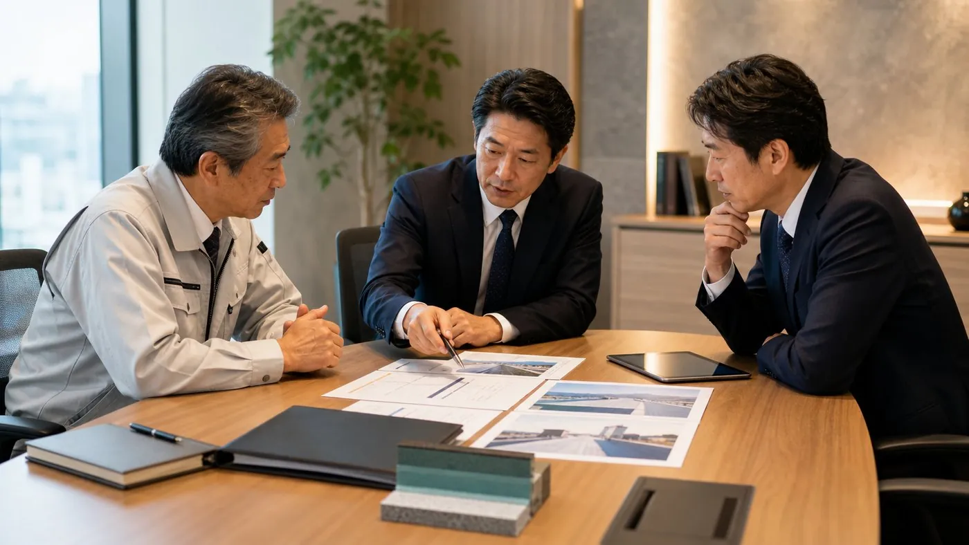防水工事会社のオーナーとM&Aアドバイザーが施工資料を見ながら相談している様子