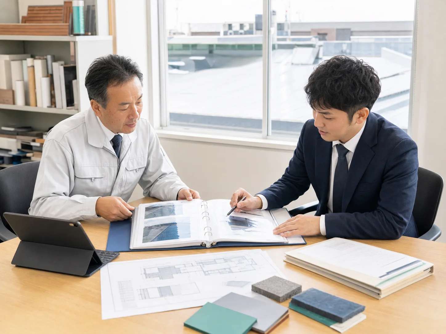 施工台帳や保証書類を確認するイメージ