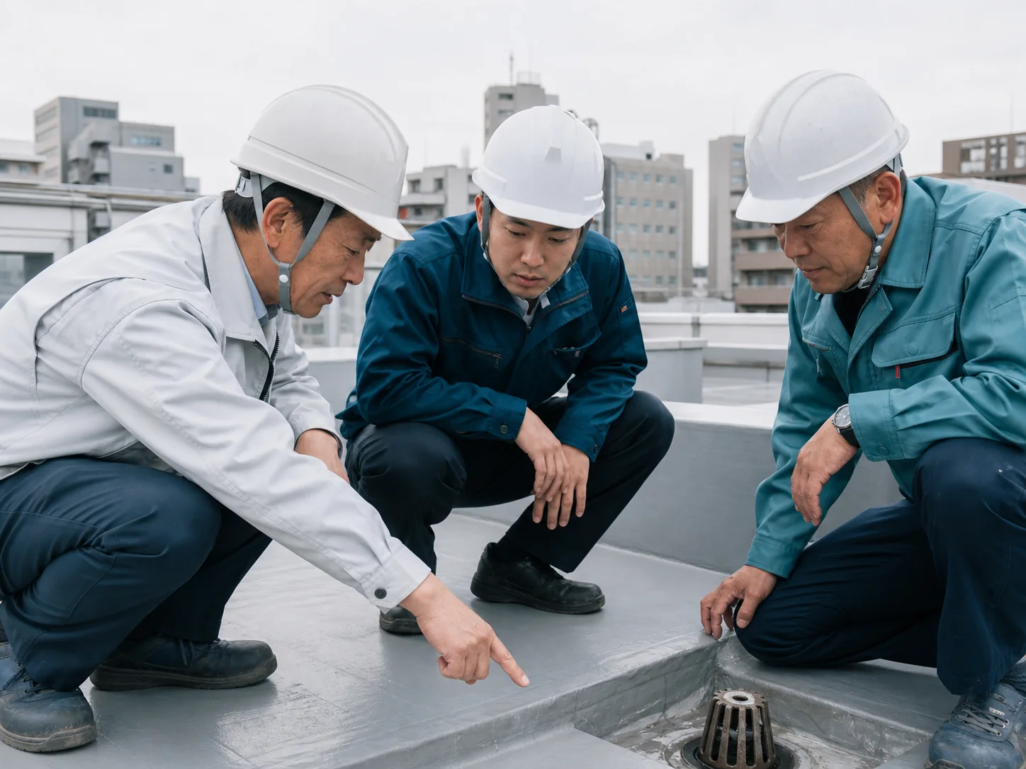 防水工事会社の経営者と職人が現場で話すイメージ