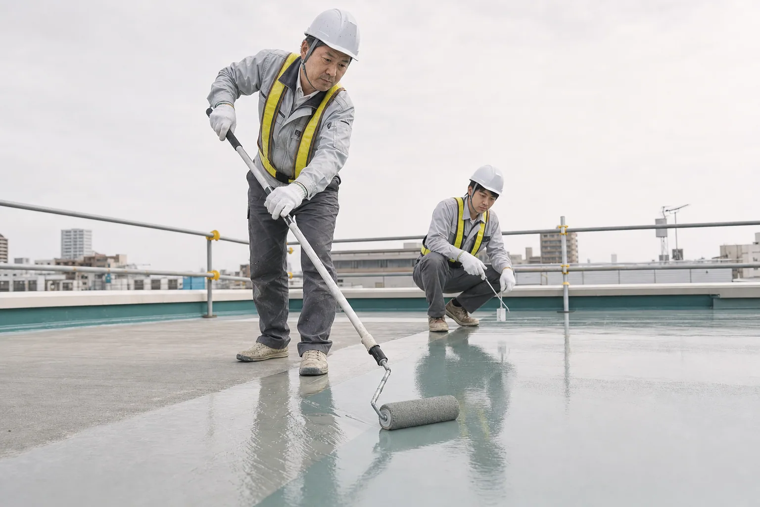 職人が屋上でウレタン塗膜防水を施工するイメージ