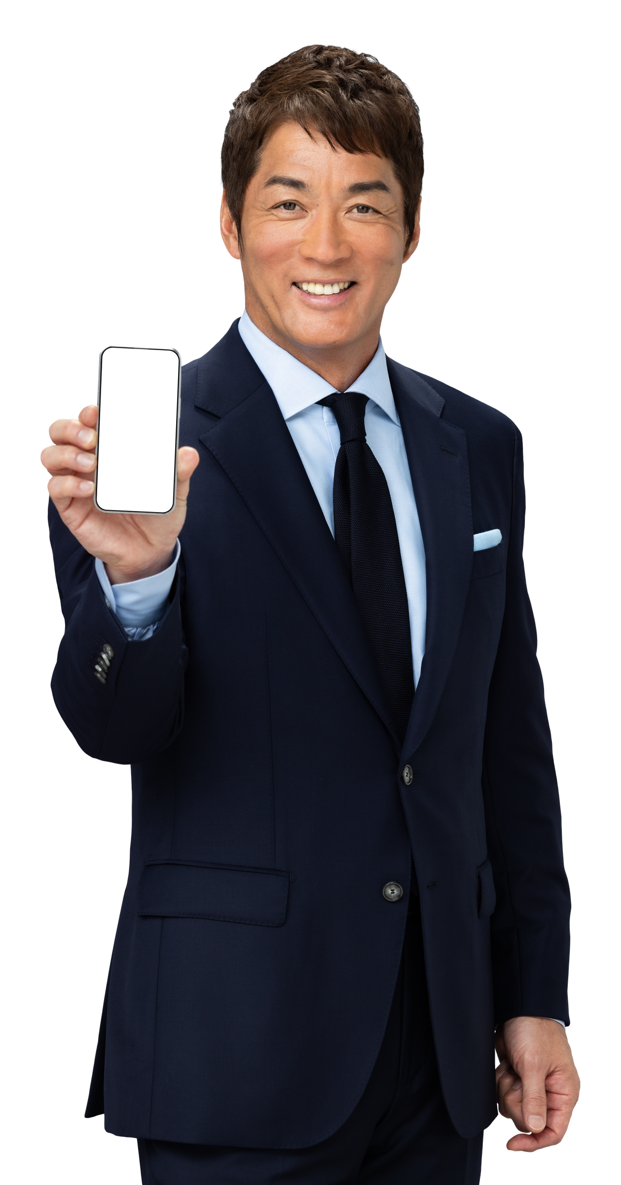 スマートフォンを手に相談フォームを案内する長嶋一茂さん