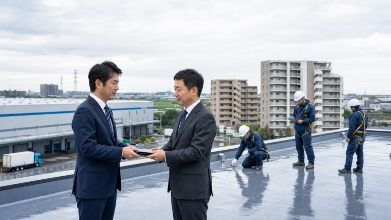 埼玉県の物流施設・集合住宅を背景に防水工事会社の事業承継を協議する様子