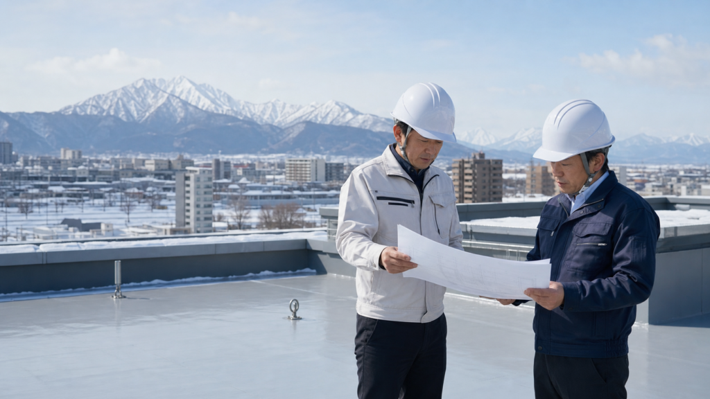 北海道の雪景色を背景に屋上防水を確認する防水工事会社の事業承継担当者