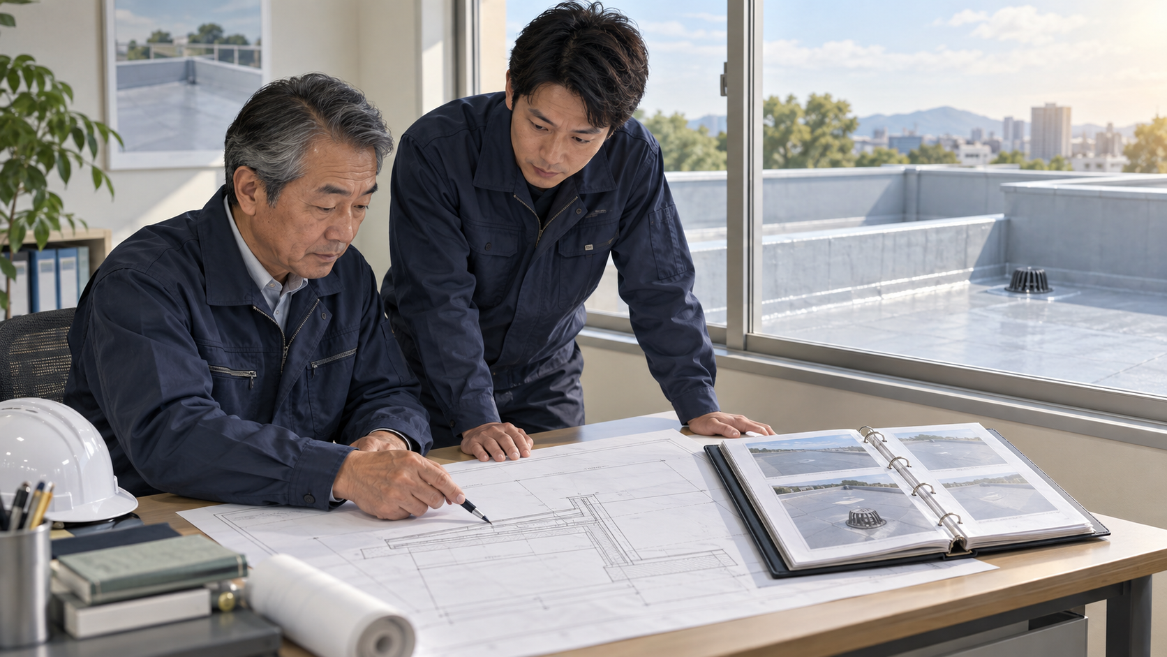 防水工事 M&Aで会社の事業承継を検討するオーナーと現場責任者のイメージ